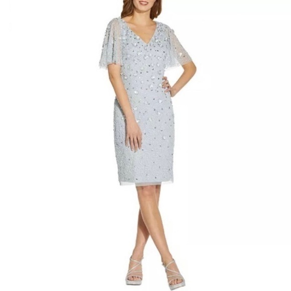 Adrianna Plus Size Papell Floral Sequin Flutter Beaded Dress in Glacier Blue - Picture 1 of 10